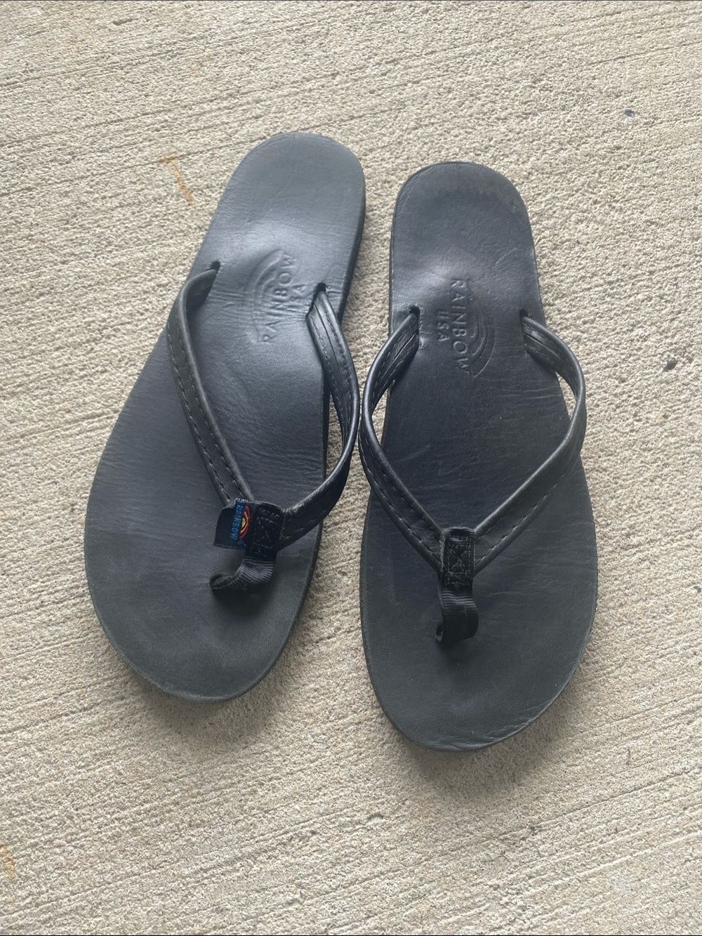 Rainbow Black Leather Flip Flops with Small Rainbow Accent